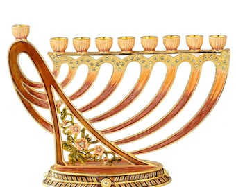 Handmade Enamel Menorah Candelabra with Deep Earthy Colors and Modern Flow Design Embellished with Gold Accents and High Quality Crystals