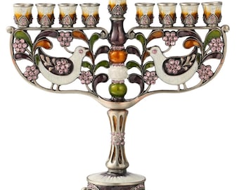 Handmade Enamel Menorah Candelabra with a Doves and Flower Design and Embellished with Gold Accents and High Quality Crystals