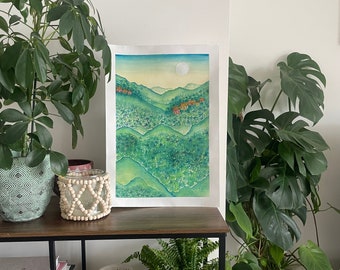 Handmade Botanical Watercolour Painting Art Print (Blue, Green, Yellow) - Mountains & Jungle - original unique A3 art by independent artist