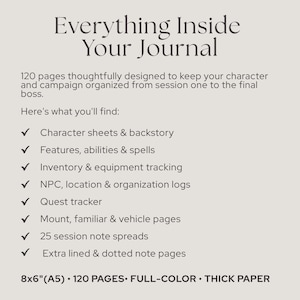 Puede incluir: Un gr&aacute;fico informativo beige titulado Everything Inside Your Journal, que enumera 120 p&aacute;ginas de contenido que incluyen hojas de personaje, historia, habilidades, hechizos, inventario, equipo, registros de PNJ, rastreadores de misiones y notas.