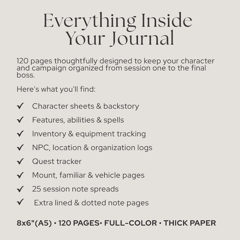 Puede incluir: Un gr&aacute;fico informativo beige titulado Everything Inside Your Journal, que enumera 120 p&aacute;ginas de contenido que incluyen hojas de personaje, historia, habilidades, hechizos, inventario, equipo, registros de PNJ, rastreadores de misiones y notas.