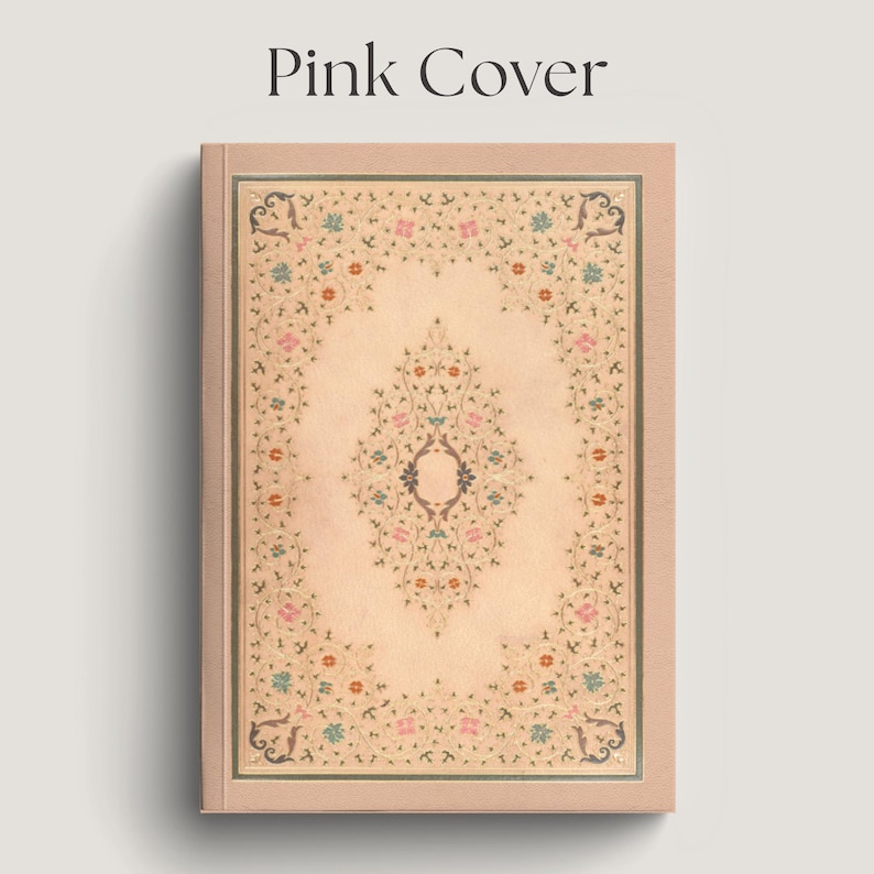 May include: A rectangular book with a light pink cover featuring the text Pink Cover at the top. The front panel displays a central cream-colored rectangular area decorated with intricate floral vines in shades of pink, blue, and green.