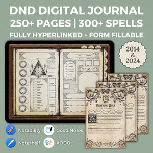 Digitaal DnD-personagedagboek + DnD-spreukkaarten 2024 en 2014 | DnD-personageblad voor Dungeons and Dragons | Inclusief spiekbriefje