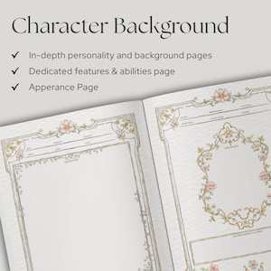 May include: A character background journal featuring pages for personality, abilities, and appearance. The open book displays floral-bordered sections for backstory, physical traits, and distinguishing features with text headers in a light-colored font.
