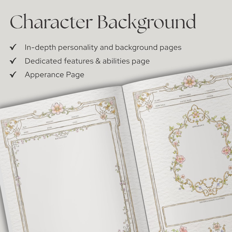 May include: A character background journal featuring pages for personality, abilities, and appearance. The open book displays floral-bordered sections for backstory, physical traits, and distinguishing features with text headers in a light-colored font.