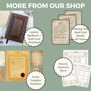 May include: A collection of printable digital downloads for tabletop role-playing games. The images include a leather-bound spellbook, a character sheet, a letter template, and a set of spell cards. The text "More from our shop" is at the top of the image.