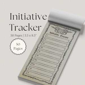 May include: A notepad with the words "Initiative Tracker" printed in black. The notepad has 50 pages and measures 8.9 x 21.6 cm. The notepad has a decorative border and is designed for tracking initiatives.
