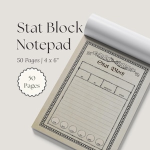 May include: A notepad with the text "Stat Block Notepad" and "50 Pages | 4 x 6" printed on the cover. The notepad has a vintage design with a decorative border and sections for HP, AC, Initiative, and Speed. The notepad is designed for role-playing games.