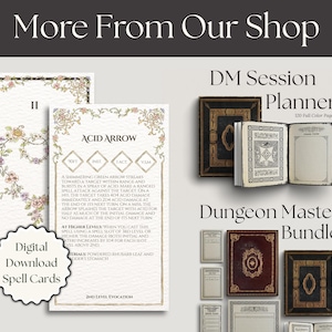 May include: A collection of digital spell cards featuring floral borders and the text Acid Arrow, alongside a DM Session Planner and Dungeon Master Bundle with various book covers and interior page layouts for tabletop roleplaying games.