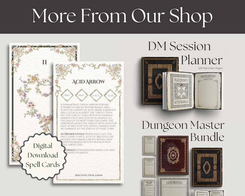 May include: A collection of digital spell cards featuring floral borders and the text Acid Arrow, alongside a DM Session Planner and Dungeon Master Bundle with various book covers and interior page layouts for tabletop roleplaying games.