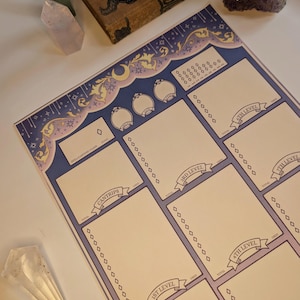 May include: A printable character sheet for Dungeons and Dragons with a blue and gold celestial theme. The sheet includes sections for spellcasting, cantrips, and spells by level.