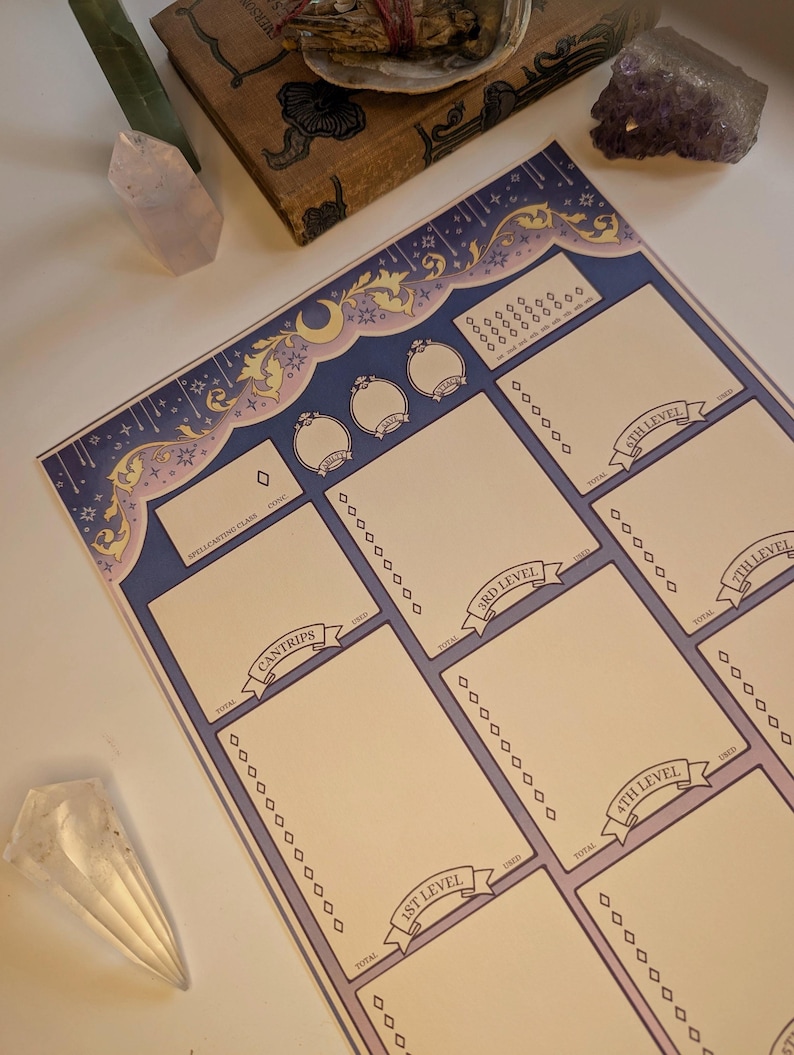 May include: A printable character sheet for Dungeons and Dragons with a blue and gold celestial theme. The sheet includes sections for spellcasting, cantrips, and spells by level.