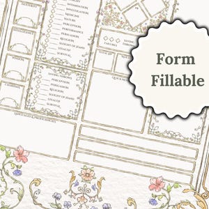 May include: A printable Dungeons and Dragons character sheet with a floral design. The sheet includes sections for ability scores, saving throws, skills, languages, and proficiency.
