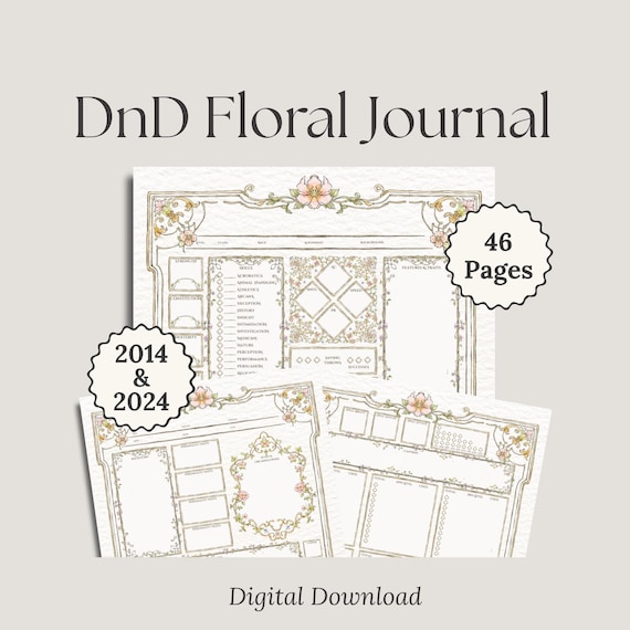 Flowery DnD Character Sheet | DnD 2024 & 2014 | Dungeons and Dragons Cute DnD Character Sheet | DnD Campaign Journal