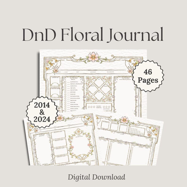 Flowery DnD Character Sheet | DnD 2024 & 2014 | Dungeons and Dragons Cute DnD Character Sheet | DnD Campaign Journal image 1