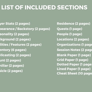 May include: A list of sections included in a character sheet for a role-playing game. The sections include Player Stats, Appearance/Backstory, Personality, Background, Abilities/Features, Inventory, Spellcasting, Mount, Familiar, Vehicle, Residence, Quests, People, Locations, Organizations, Session Notes, Blank Paper, Grid Paper, Dotted Paper, Lined Paper, and Cheat Sheet.