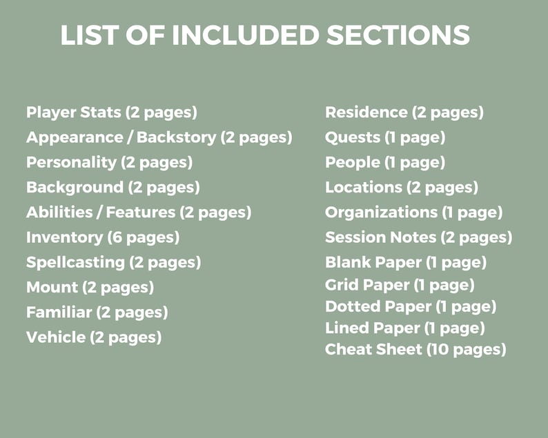 May include: A list of sections included in a character sheet for a role-playing game. The sections include Player Stats, Appearance/Backstory, Personality, Background, Abilities/Features, Inventory, Spellcasting, Mount, Familiar, Vehicle, Residence, Quests, People, Locations, Organizations, Session Notes, Blank Paper, Grid Paper, Dotted Paper, Lined Paper, and Cheat Sheet.