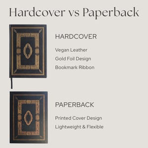 Puede incluir: Una tabla comparativa titulada Hardcover vs Paperback que muestra dos libros negros con dise&ntilde;os de l&aacute;mina dorada. El libro superior est&aacute; etiquetado como Hardcover, Vegan Leather, Gold Foil Design y Bookmark Ribbon. El libro inferior est&aacute; etiquetado como Paperback, Printed Cover Design y Lightweight & Flexible.