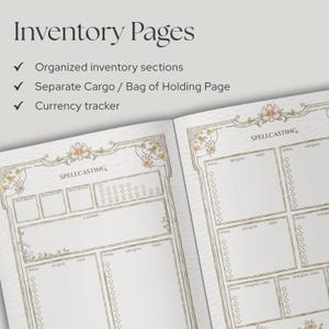 May include: An open planner with two pages featuring Spellcasting sections, floral borders, and boxes for tracking spells. Text includes Inventory Pages, Organized inventory sections, Separate Cargo / Bag of Holding Page, and Currency tracker.