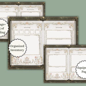 Pu&ograve; includere: Tre diari aperti in stile vintage con bordi decorativi. Il primo diario ha il testo "Storage+ Bag of Holding" sulla copertina. Il secondo diario ha il testo "Inventory" sulla copertina. Il terzo diario ha il testo "Equipment Page" sulla copertina.