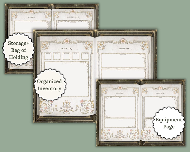 Pu&ograve; includere: Tre diari aperti in stile vintage con bordi decorativi. Il primo diario ha il testo "Storage+ Bag of Holding" sulla copertina. Il secondo diario ha il testo "Inventory" sulla copertina. Il terzo diario ha il testo "Equipment Page" sulla copertina.