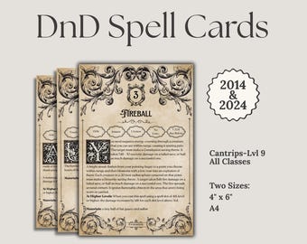 Paquete de cartas de hechizos de D&D 2024 y 2014 / Todas las clases / Cartas de grimorios de D&D / Dungeons & Dragons 5e / Hechizos de D&D