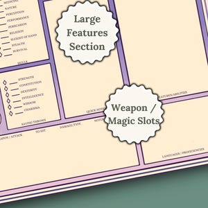 May include: A character sheet for a role-playing game, with sections for skills, abilities, weapons, and magic slots. The sheet is printed on a light purple and cream background.