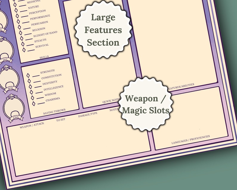 May include: A character sheet for a role-playing game, with sections for skills, abilities, weapons, and magic slots. The sheet is printed on a light purple and cream background.