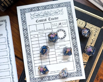 May include: A Combat Tracker game sheet printed on white paper with black ink, featuring a grid for tracking health, spell slots, and death saves. Seven multi-colored, translucent polyhedral dice with gold numbers are arranged on the sheet.