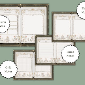 Pu&ograve; includere: Quattro diversi stili di pagine di quaderno stampabili con un design vintage e decorato. Le pagine includono note vuote, rigate, a griglia e note di sessione.