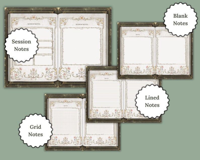 Pu&ograve; includere: Quattro diversi stili di pagine di quaderno stampabili con un design vintage e decorato. Le pagine includono note vuote, rigate, a griglia e note di sessione.