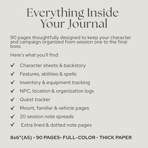 May include: A beige informational graphic titled Everything Inside Your Journal, listing 90 pages of content including character sheets, spell trackers, inventory logs, quest trackers, and session notes. It measures 8x6 inches and is A5 size.