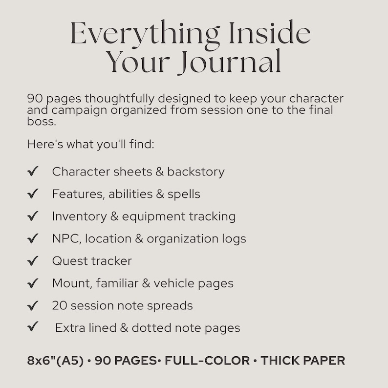 May include: A beige informational graphic titled Everything Inside Your Journal, listing 90 pages of content including character sheets, spell trackers, inventory logs, quest trackers, and session notes. It measures 8x6 inches and is A5 size.