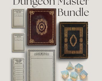 Puede incluir: Un Dungeon Master Bundle que incluye dos libros rectangulares con cubiertas oscuras y filigrana dorada, tres hojas de papel verticales con cuadrículas y texto, una hoja cuadriculada grande y siete dados poliédricos translúcidos con números dorados.