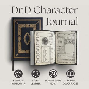 May include: A black hardcover DnD Character Journal with gold foil detailing on the cover. The open journal displays interior pages with printed character sheet templates, including fields for stats, skills, and equipment. Text reads DnD Character Journal.