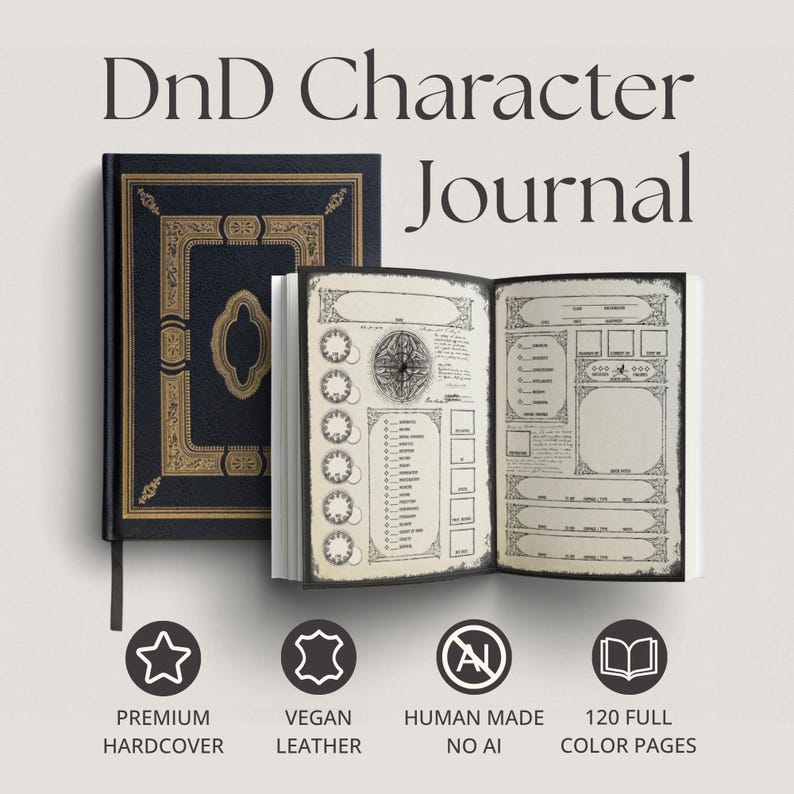 Puede incluir: Un diario de personaje DnD de tapa dura azul oscuro con detalles en l&aacute;mina dorada en la cubierta. El libro abierto muestra p&aacute;ginas interiores con plantillas de hoja de personaje impresas, incluyendo campos para estad&iacute;sticas, habilidades y equipo. El texto incluye DnD Character Journal, Premium Hardcover, Vegan Leather, Human Made No AI y 120 Full Color Pages.