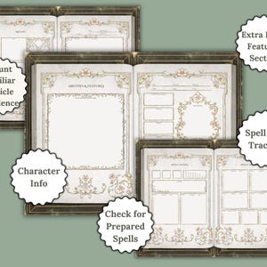 Pu&ograve; includere: Un set di tre schede di personaggio stampabili per i giochi di ruolo Dungeons and Dragons. Le schede presentano un design vintage e ornato con accenti floreali e bordi dorati. Le schede includono sezioni per le informazioni sul personaggio, le abilit&agrave; e le caratteristiche, gli slot degli incantesimi e gli incantesimi preparati.