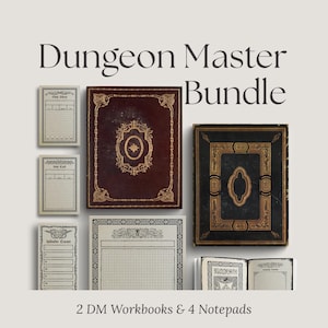 May include: A Dungeon Master Bundle featuring two workbooks and four notepads. The workbooks and notepads have decorative borders and are in shades of brown, black, and cream. The text "Dungeon Master Bundle" is at the top.