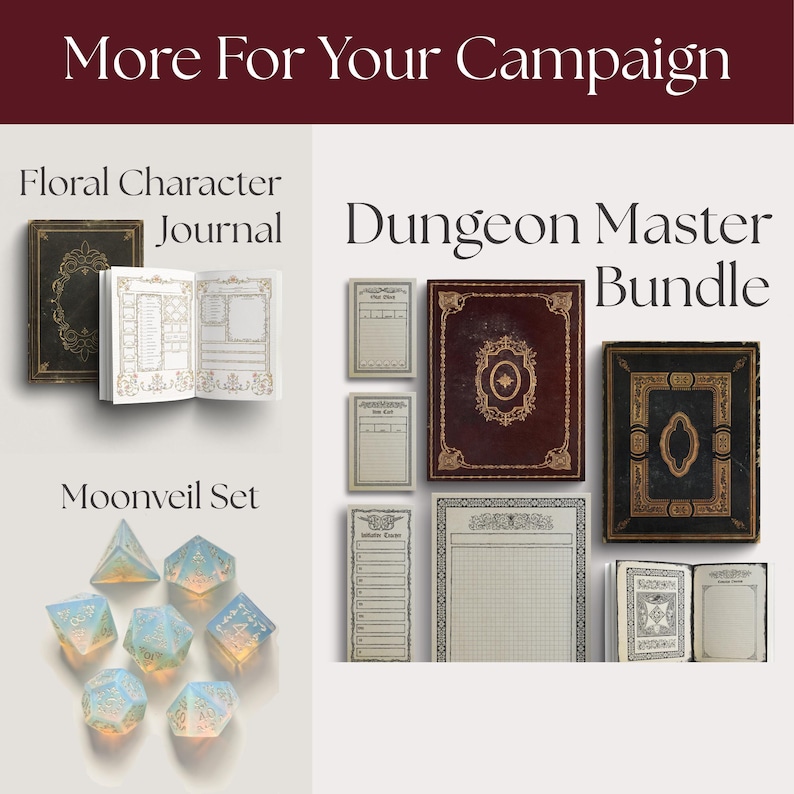 Puede incluir: Una colecci&oacute;n que incluye un diario de personaje floral, un paquete de Dungeon Master con libros y hojas de notas, y un set Moonveil de siete dados poli&eacute;dricos. Los art&iacute;culos muestran bordes dorados ornamentados y p&aacute;ginas de papel claro.
