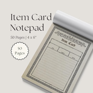 May include: A notepad with the text "Item Card Notepad" and "50 Pages | 4 x 6" printed on the cover. The notepad has a vintage design with lined pages and spaces for "Type", "Rarity", and "Value".