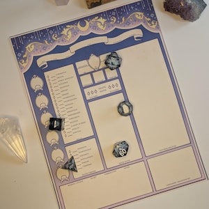 May include: A character sheet for a tabletop role-playing game with a blue and purple background. The sheet has sections for character information, abilities, skills, and combat statistics. There are several dice on the sheet, including a d6, a d10, and a d20.