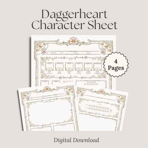 Floral Daggerheart Character Sheet | Daggerheart Printable 4 Page Character Sheet | A4 & US Letter |
