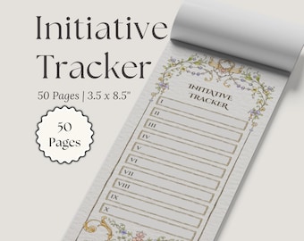 May include: A notepad titled Initiative Tracker with 50 pages measuring 3.5 x 8.5 inches. The page features a floral border, the text Initiative Tracker, and ten numbered rows from I to X for tracking game turns in a vertical layout.