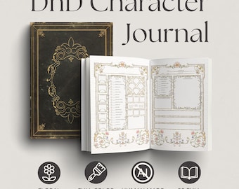 May include: A DnD Character Journal with a dark cover featuring gold filigree and an open interior showing pages with floral borders, character stat boxes, and lines for notes. Includes icons for floral design, full color artwork, human made, and 90 pages.