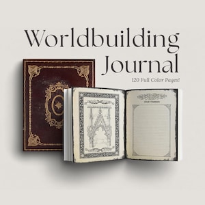 May include: A maroon and gold Worldbuilding Journal with 120 full-color pages. The journal is open to display the interior pages with ornate black and white illustrations. The cover is embossed with gold filigree.