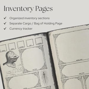 Puede incluir: Un cuaderno de seguimiento de inventario abierto con ilustraciones en tinta negra sobre papel crema. La p&aacute;gina izquierda presenta un casco de caballero, una espada y cajas etiquetadas como Copper, Silver, Electrum, Gold y Platinum. La p&aacute;gina derecha tiene secciones para General y Quest Items.
