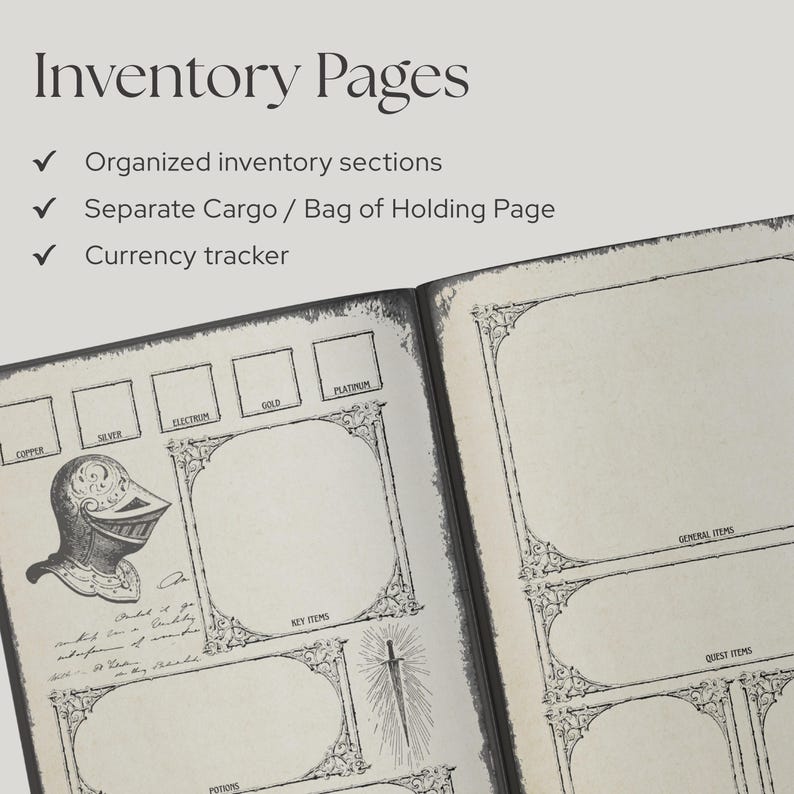 Puede incluir: Un cuaderno de seguimiento de inventario abierto con ilustraciones en tinta negra sobre papel crema. La p&aacute;gina izquierda presenta un casco de caballero, una espada y cajas etiquetadas como Copper, Silver, Electrum, Gold y Platinum. La p&aacute;gina derecha tiene secciones para General y Quest Items.