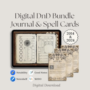 Diario digital de personajes de D&D + Cartas de hechizos de D&D 2024 y 2014 / Hoja de personaje de D&D para Dungeons & Dragons / Incluye hoja de referencia