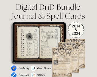 Digital DnD Character Journal + DnD 2024 & 2014 Spell Cards | DnD Character Sheet for Dungeons and Dragons | Includes Cheat Sheet