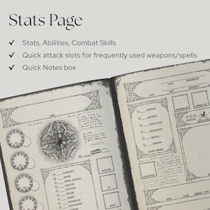 Puede incluir: Una hoja de personaje de juego de rol de mesa abierta con una est&eacute;tica de pergamino vintage. La p&aacute;gina izquierda presenta un gran emblema circular, c&iacute;rculos de estad&iacute;sticas y listas de habilidades. La p&aacute;gina derecha incluye campos para clase y nivel.